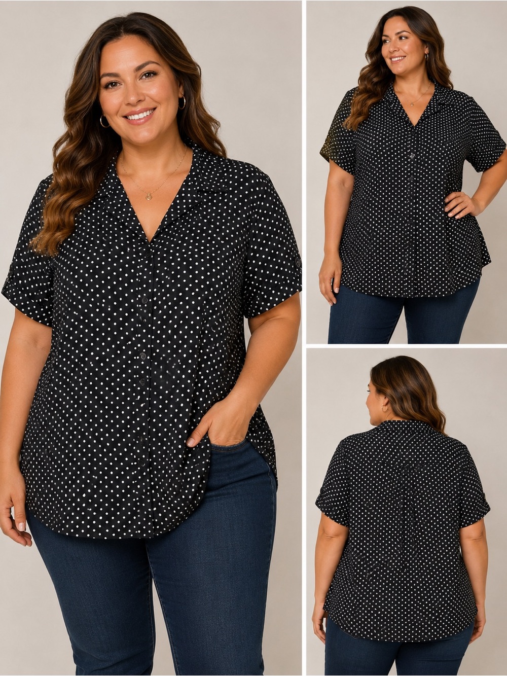 Notations Black and White Polka Dot Button Front Top